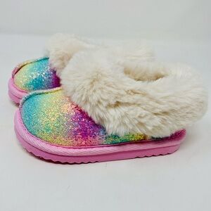 Toddler Girls Rainbow Glitter Slippers with Faux Fur Size 6